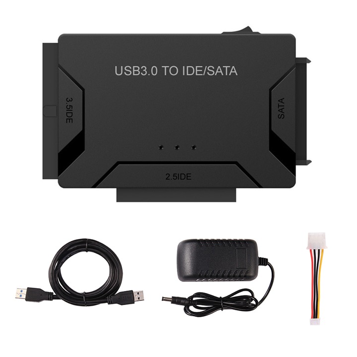 Adaptor pentru hard disk de la USB 3.0 la SATA/IDE de 2,5/3,5 inchi, 3 in 1, Plug and play, Cu alimentare, Negru