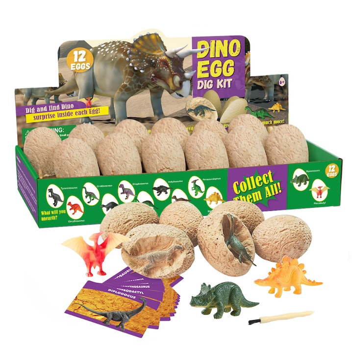 Комплект от 12 яйца на археологически динозаври, 34.5x14x5.2cm, 6 години+, гипс/пластмаса, Многоцветен