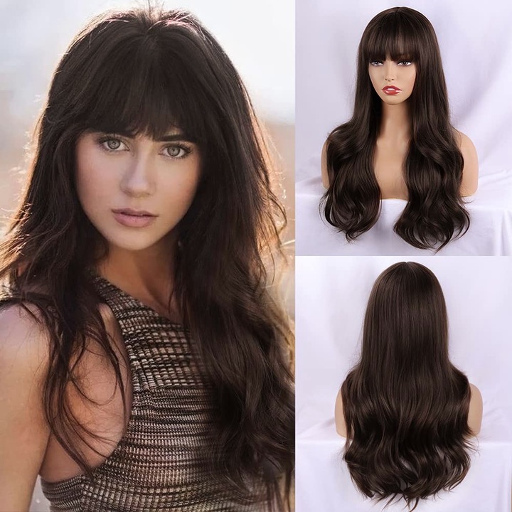 Peruca ondulata lunga, aspect natural, pentru petreceri, maro, sectiune medie