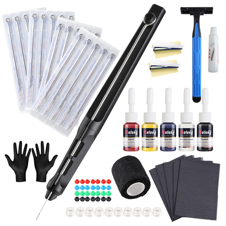Kit de acupunctura pentru maini pentru tatuaje, cu Pigment tatuaj, Solong, Reutilizabil, Sigur si robust, Usor de utilizare, Portabil, Profesional, Material Aliaj de aluminiu/Plastic, Multicolor