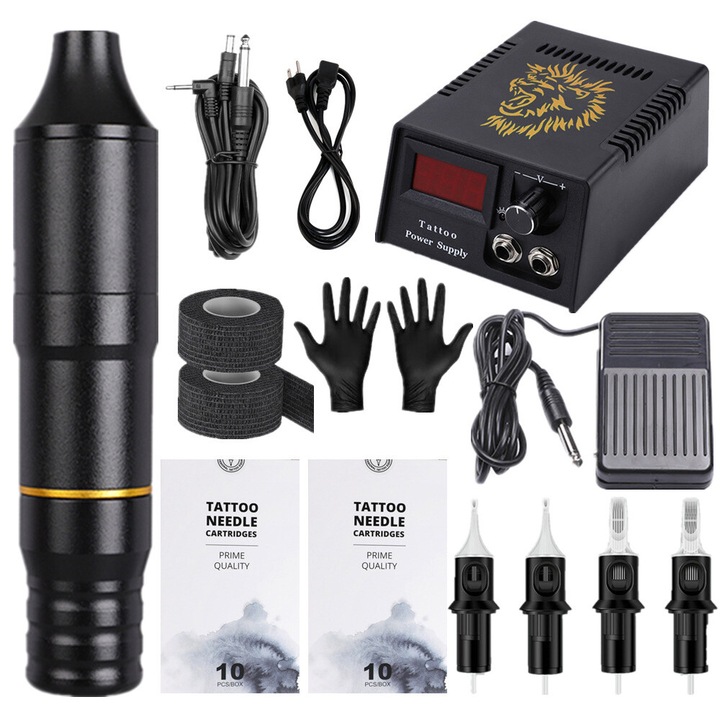 Kit masina de tatuaj profesionala, Solong, Aluminiu\Inox, Reglabil, Design anti-alunecare, Portabil, Negru