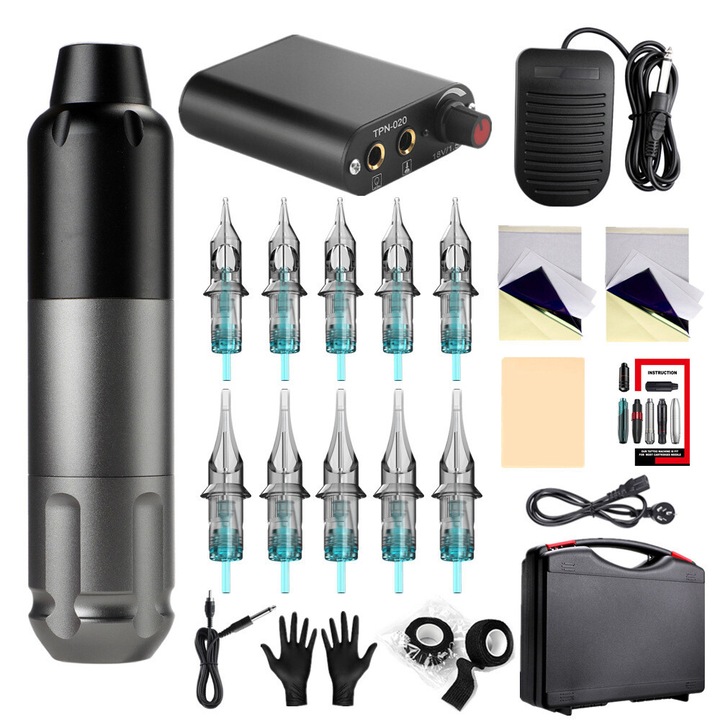 Set pix pentru tatuaje, Solong, cu 20 ace de cartus, tip stilou, Pentru umbre, Aluminiu\Plastic, Negru