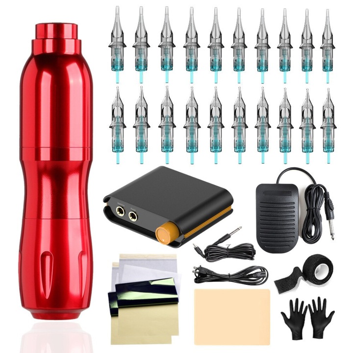 Комплект писалка за татуировки, Solong, алуминий\силикон, черен\червен