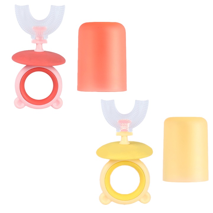 2 darab klasszikus U-alakú gyermekfogkefe szett, tárolóedénnyel, 3. stílus