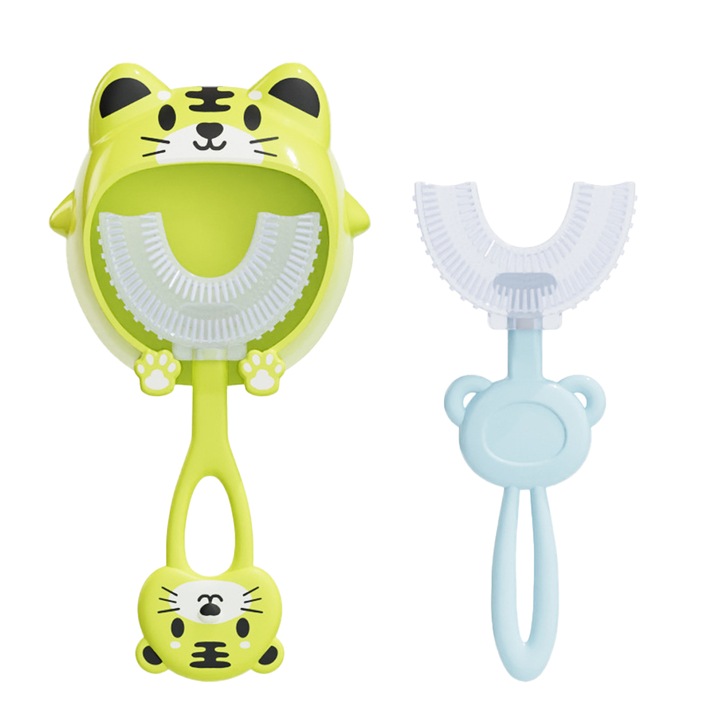 Gyermek fogkefe, szilikon, U-alakú kialakítás, fali tartó, könnyű