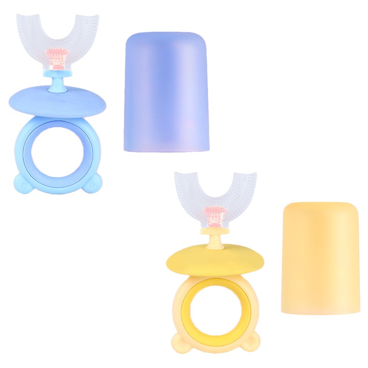 2 db klasszikus gyermek fogkefe, U-alakú, tárolóedénnyel, többszínű