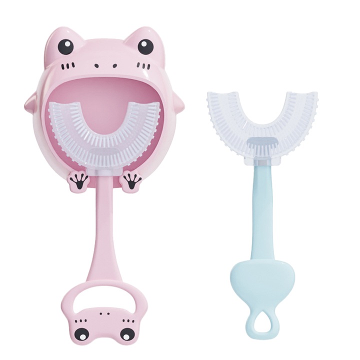 Klasszikus U-alakú gyermekfogkefe, szilikon, fali tartóval, könnyű