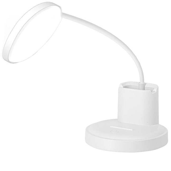 LED asztali lámpa, YWX, tolltartóval, mobiltelefon tartóval, USB töltés, állítható és rugalmas, fehér