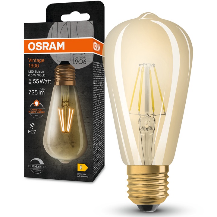 Крушка LED Vintage Osram 1906 Edison Gold, 6.5W (55W), E27, ST64, 725 lm, Топла светлина (2400K), Димируема, Нажежаема жичка, Клас E