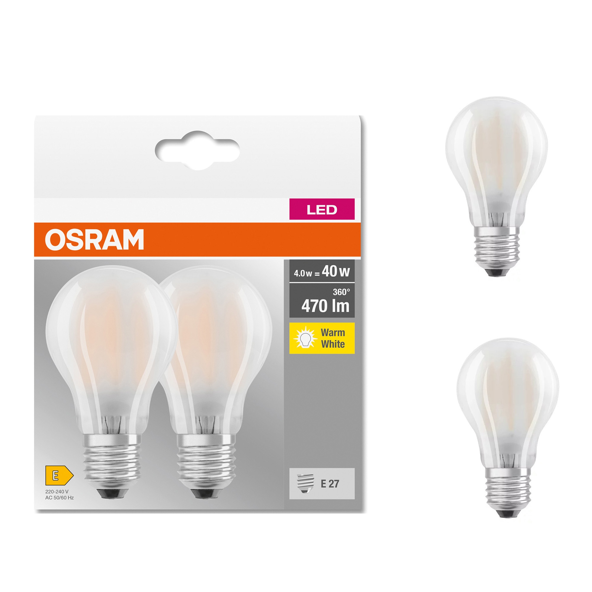 Set 2 becuri LED Osram Glass Frosted, E27, 4W (40W), 470 lm, lumina calda (2700K), clasa energetica E