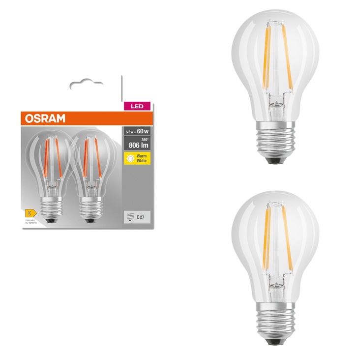 Комплект 2 крушки LED Osram Base Filament A60, E27, 6.5W (60W), 806 лумена, Топла светлина (2700K), Енергиен клас E