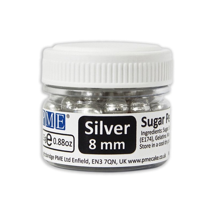 Perle din zahar argintii 8mm, 25g PME