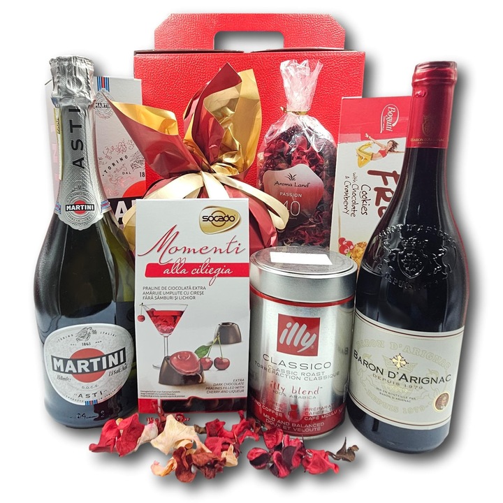 Pachet cadou, CADOURI PREMIUM, model Pemium Red, cu spumant Martini, cafea Illy, vin frantuzesc si o selectie exclusiva de surprize dulci