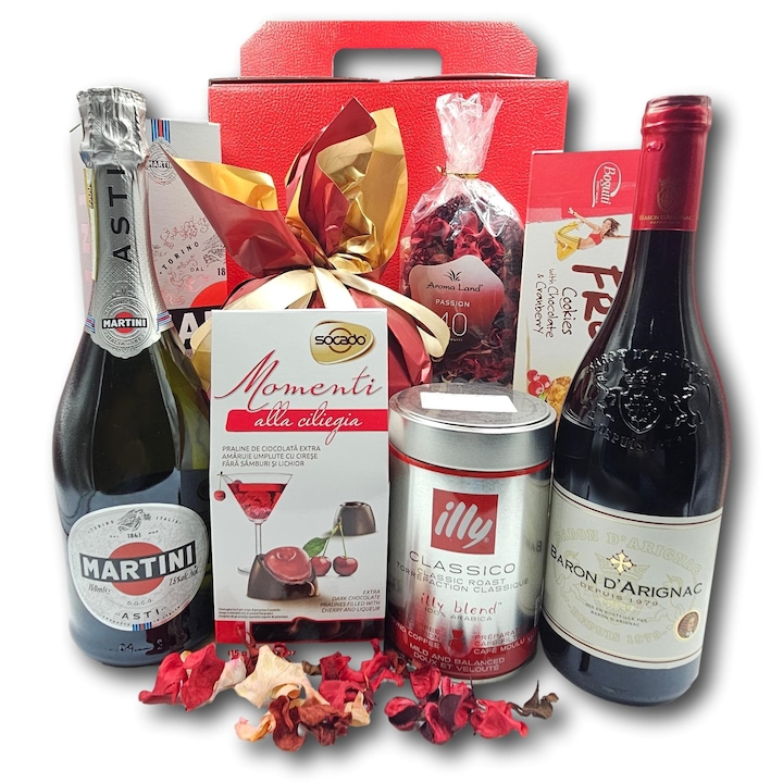 Подаръчен пакет, ПРЕМИУМ ПОДАРЪЦИ, модел Pemium Red, с пенливо мартини, кафе Illy, френско вино и изключителна селекция от сладки изненади