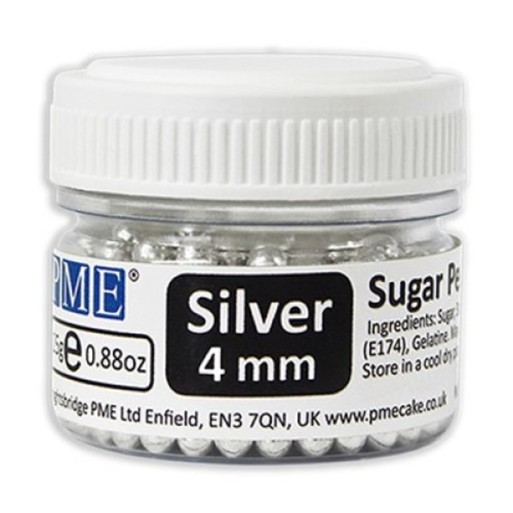 Perle din zahar argintii 4mm, 25g PME