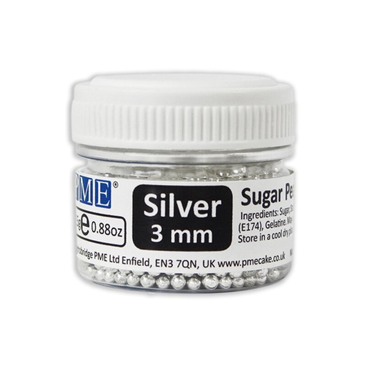 Perle din zahar argintii 3mm, 25g PME