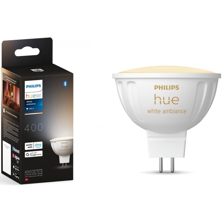 Смарт LED крушка Philips Hue MR16, Bluetooth/Zigbee, spot type, GU5.3, 12V, 5.1W, 400 lm, Регулируема бяла светлина (2200-6500K), Клас G