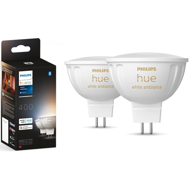 Комплект 2 смарт крушки LED Philips Hue MR16, Bluetooth/Zigbee, Тип спот, GU5.3, 12V, 5.1W, 400 лумена, Регулируема бяла светлина (2200-6500K), Енергиен клас G