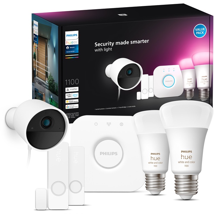 Комплект Philips Hue Secure, 2 RGB LED крушки + Камера за наблюдение, 1080 p HDR, Нощно виждане, 80-90 db аларма, IP65 + 2 контактни сензора + Конзола Hue Bridge