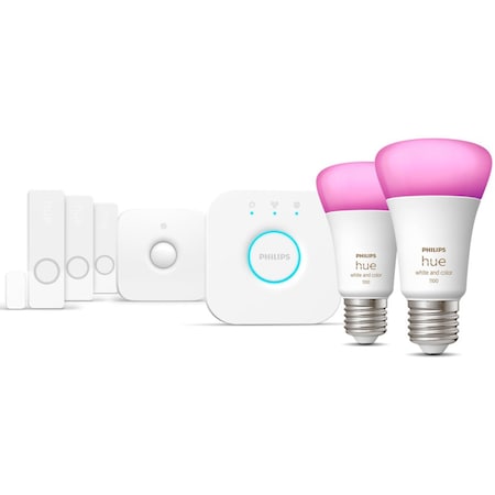 Kit de baza Philips Hue Secure Sensor, 3 Senzori de contact + 1 Senzor de miscare + 2 Becuri LED RGB, E27, 9W, 1100 lm, lumina alba si colorata + Consola Hue Bridge, clasa energetica F