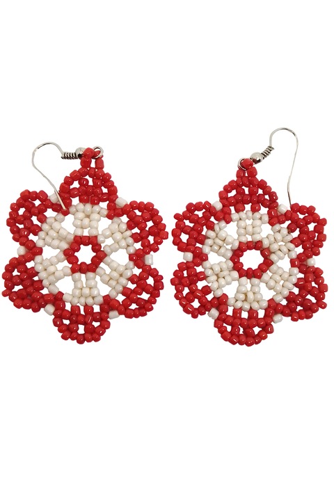 Cercei din margele, in forma de floare, CatE, sticla, rosu/alb, 5.7 x 3.7 cm, handmade