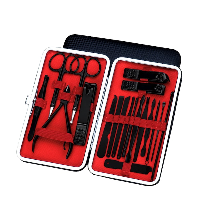 Комплект за маникюр, Vaxiuja, комплект ножици за нокти за педикюр, 19 части, инструменти за подстригване от неръждаема стомана с черна кожена чанта, черен