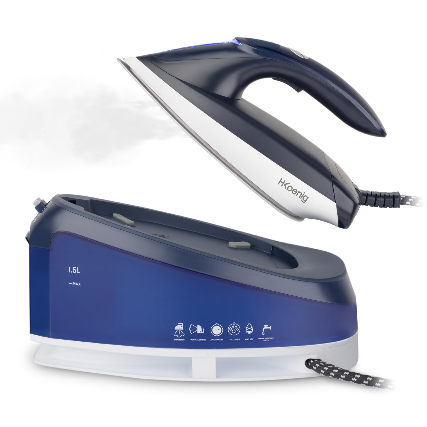 Statie de calcat H.Koenig, V7, presiune abur 5.5 bar, 2200 W, debit abur 120 g/min, + utilizare verticala pentru calcarea perdelelor sau hainelor direct pe umeras, rezervor detasabil si reincarcabil in timpul utilizarii, talpa ceramica, bleumarin