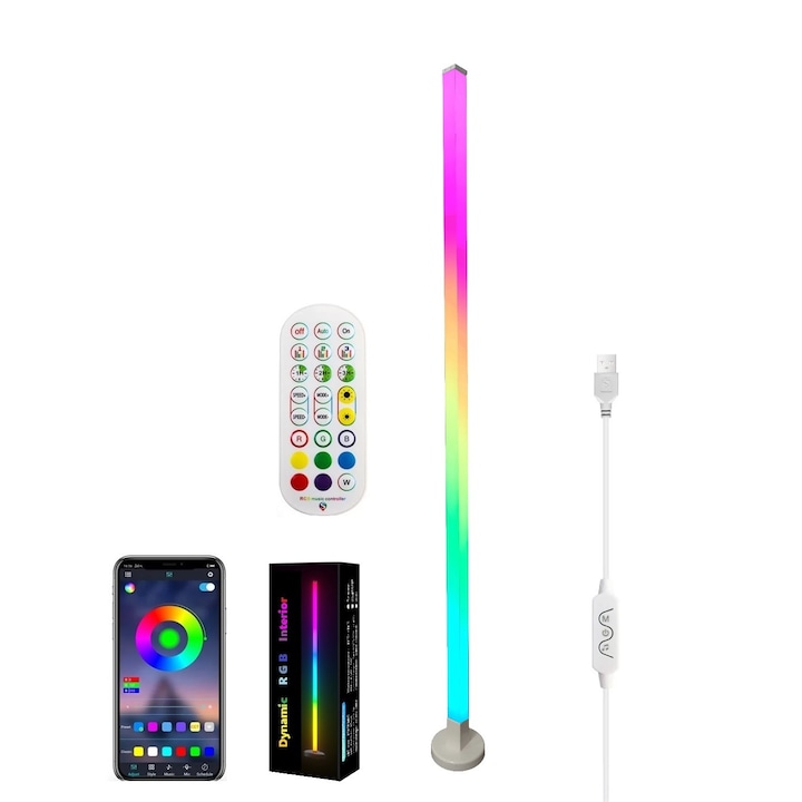 Veioza Smart RGB LED, 150 cm magas, környezeti világítás, komplett lámpakészlet, dinamikus led, okostelefonos alkalmazás, távirányító, zeneérzékelő, 16 millió szín, 5 V USB