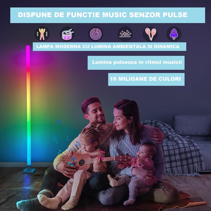Lampa Lumina Ambientala, RGB Dinamic Curgator, 150cm inaltime, LED, App Smart Telefon, Senzor Muzical Pulse, Telecomanda, 16Milioane Culori, Alimentare USB