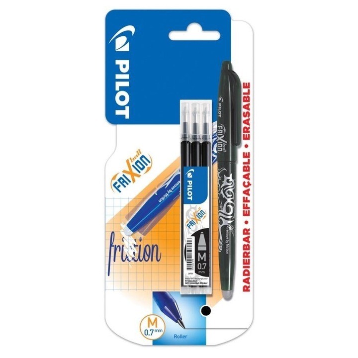 Комплект Pilot Frixion Roller 0.7 и 3 резервни 0.7, черни
