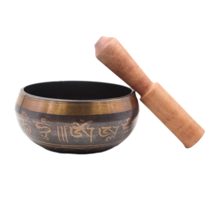 Bol Tibetan cantator cu ciocanel lemn, NUODWELL, Batut manual, pentru yoga, energizare si meditatie Zen, Usor de transportat, Metal, 9.5 cm diametru, Auriu