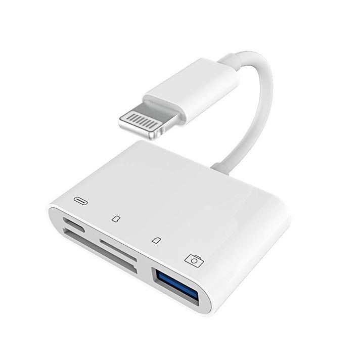 4 az 1-ben többfunkciós kártyaolvasó, NUODWELL, Lightning/SD/TF/USB 3.0-val, Plug and Play, Kompakt és hordozható, Széleskörű kompatibilitás, Gyors adatátviteli sebesség, ABS, Fehér