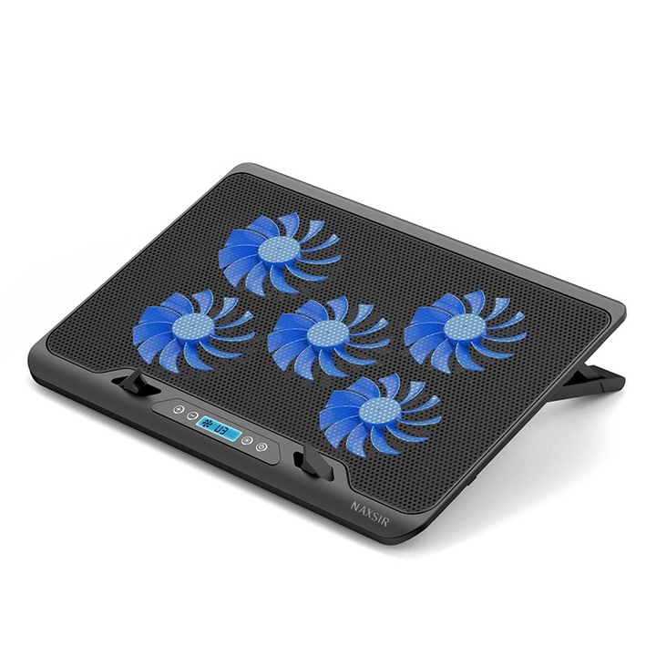 Cooler laptop, NAXSIR, Dual USB, Cu afisaj, Viteza vantului reglabila, 6 nivele de Inaltime, Cu 5 ventilatoare