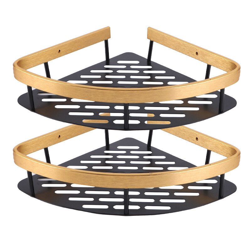 Set de 2 rafturi de baie, coltar, negru si auriu, cu ventuze de ...