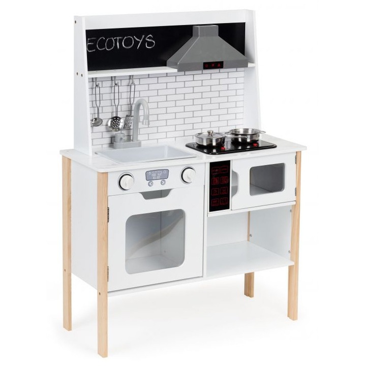 Set Bucatarie pentru Copii Little Cheff din Lemn Natural, Design Modern, Suport pentru Accesorii, Microunde, Chiuveta, Cuptor cu Butoane, Telefon, Plita, Hota, Efecte Sonore si luminoase, 86.5x37.5x11.5 cm