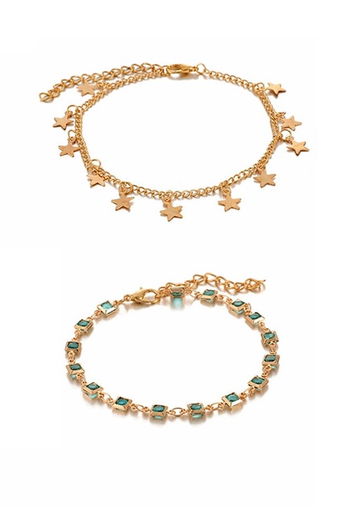 Set 2 bratari elegante, lantisoare cu stelute si cristale turcoaz Auriu