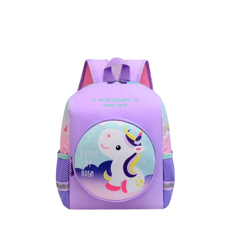 Ghiozdan gradinita 2 compartimente si buzunare laterale, Magic Unicorn 33x25x10 cm Mov