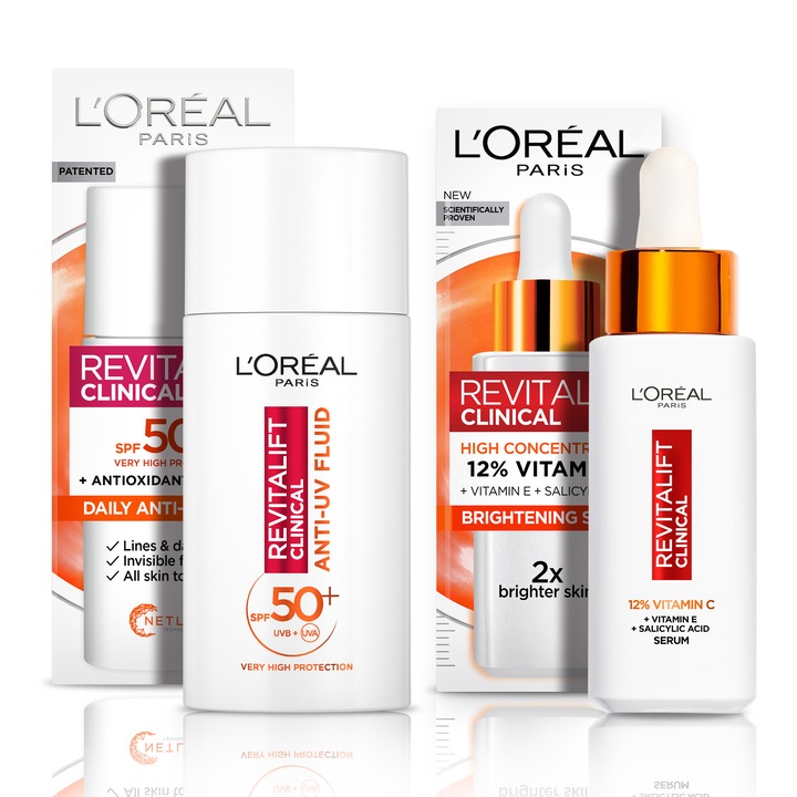 Комплект L'Oreal Paris Revitalift Clinical Serum с ефект на блясък, 30 мл + Крем със SPF 50+, 50 мл