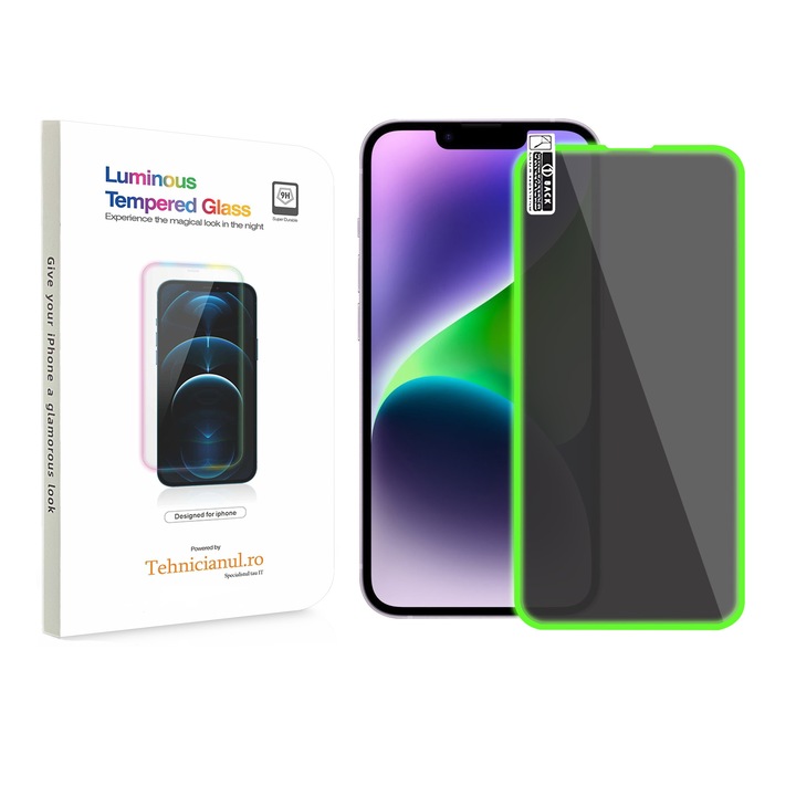 Folie Sticla Tehnicianul® pentru iPhone 14 - Full Screen, Stralucire Nocturna, Protectie Premium 9H, AntiShock, Efect Fosforescent, Silicon Verde