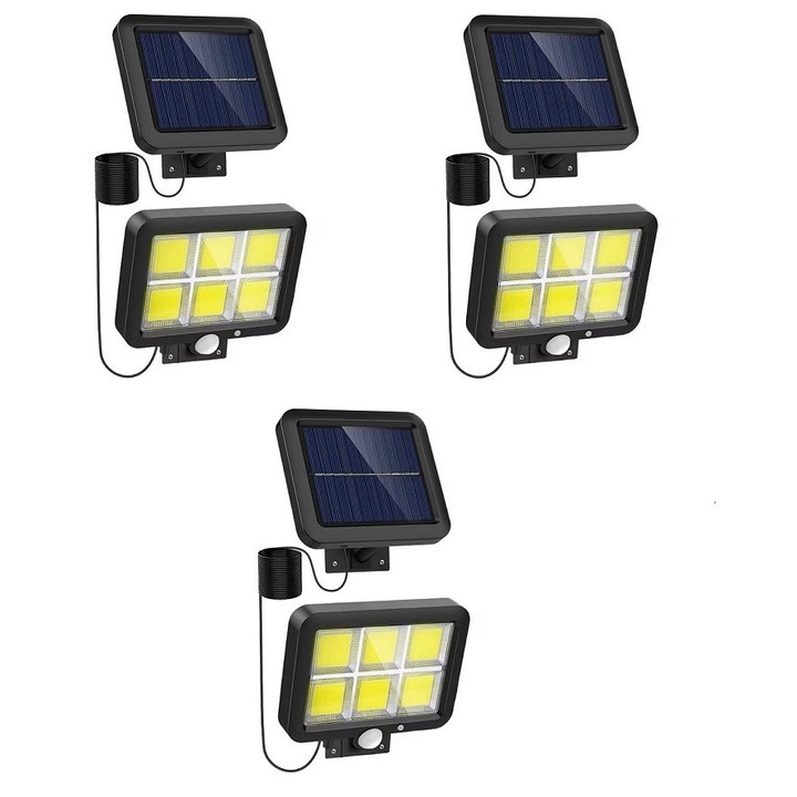 Set 3 X Lampa Solara 120 LED-uri COB Welora®, Putere 30W, Panou Detasabil, Cablu 5m, Senzor de Lumina/Miscare, 3 Moduri de Iluminare, Acumulator 1200mAh, Clasa A, IP67 Wateproof, Calitate Premium, Negru