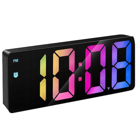 Ceas desteptator electronic, Welora®, Iluminare LED RGB, Afisaj timp, termometru si alarma, Alimentare USB 5 V sau 3 x Baterii AAA, Format orar 12/24 ore, Dimensiuni 16 x 6 x 2.5 cm, Negru