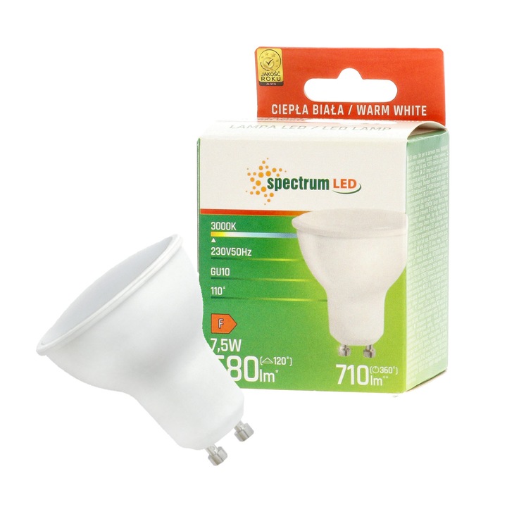 LED крушка GU10, 7.5W, 230V, Spectrum Led, Енергиен клас F, 580 lm, Топла светлина
