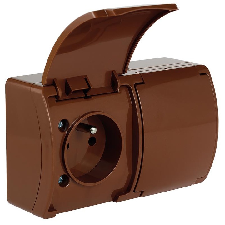 Priza dubla Koala cu clapa, Viplast, Plastic, 2x2P+Z, IP44, Maro