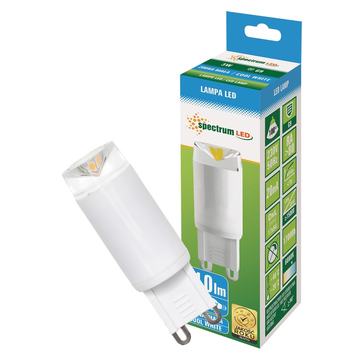 LED крушка, SPECTRUM, G9, 3W, студена светлина, 6000K, 16.5x52mm