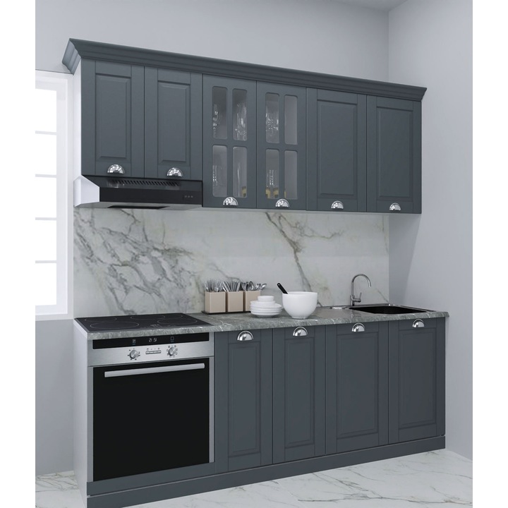 Set bucatarie cu soft close si fronturi MDF, Badenmob, seria Square L200x50x2100cm, Antracit