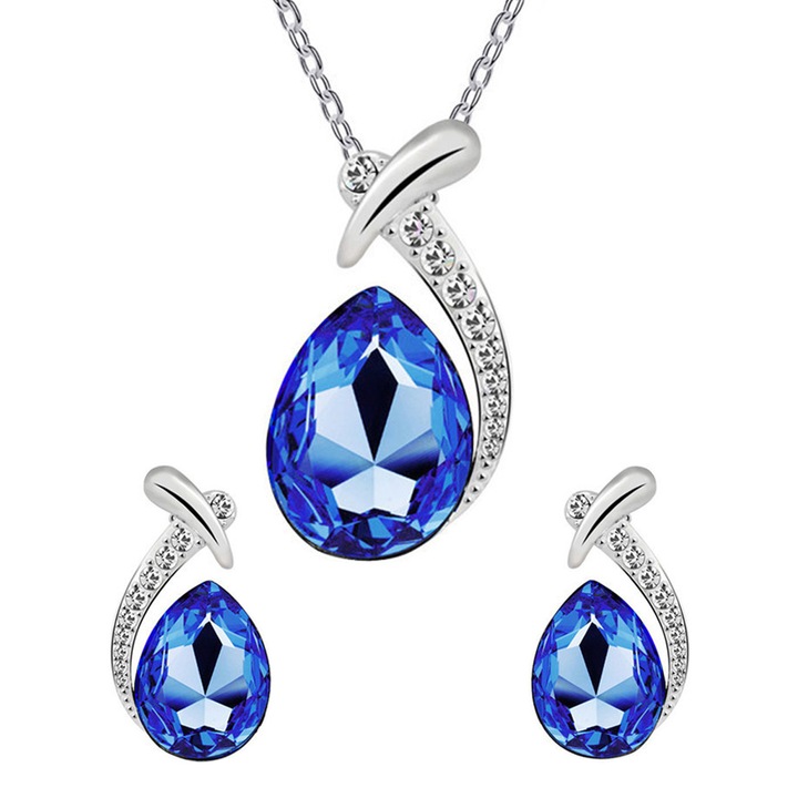 Set de colier cu pandantiv si cercei, incrustat cu zircon, in forma picatura de apa, Albastru