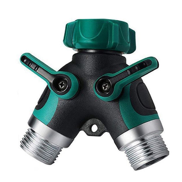Robinet dublu in forma Y Leexo, distribuitor Spliter la 2 robineti pentru furtun gradina, 91 x 94 mm, verde​​​​​​​