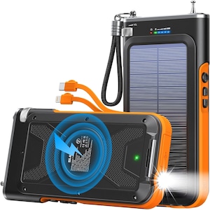 Baterie externa solara 20000 mAh, Powerbank cu Radio FM, incarcare wireless, panou solar, lanterna, USB-C, cu 4 iesiri, impermeabil IP65, Blavor