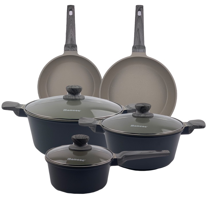 Set 5 vase de gatit K66, 8 piese, 3 oale cu capac, 2 tigai, granit, Gri