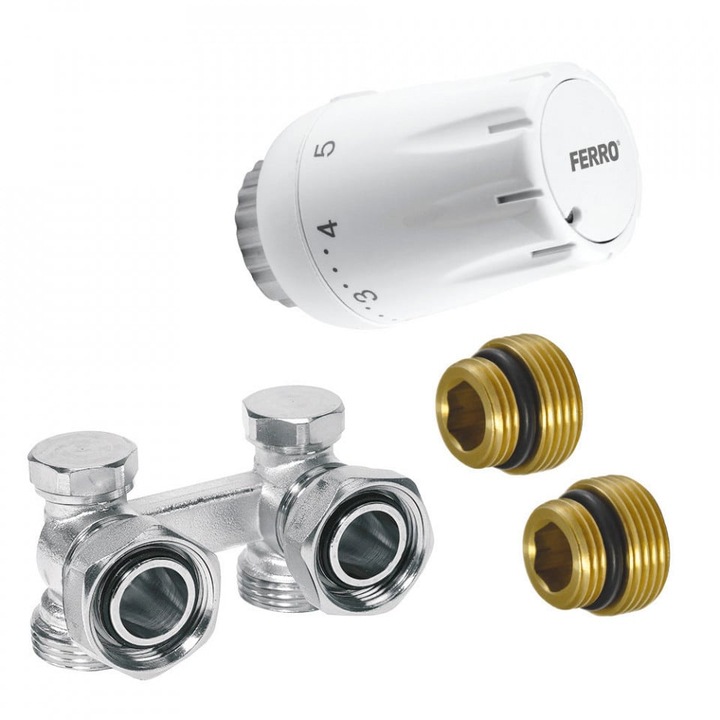 Set robinet radiator termostatic dublu coltar 3/4 + cap termostatat GT11, alimentare din perete, Ferro